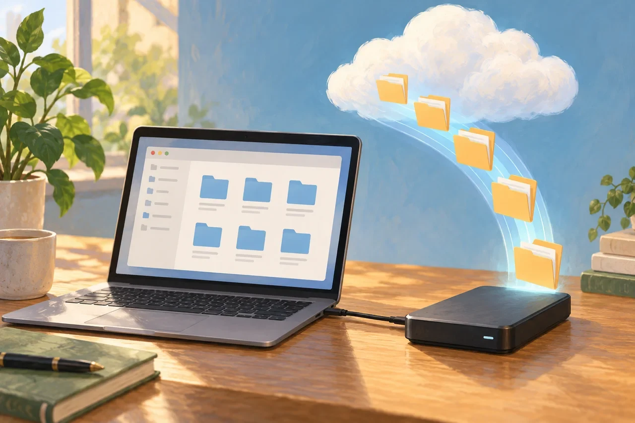 Folder icons descend from a cloud toward an external drive beside a laptop.