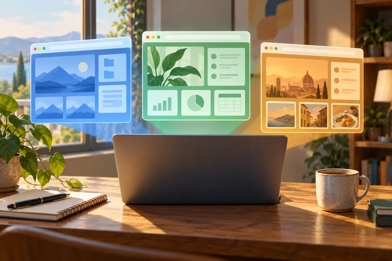 Separate blue, green and amber browser windows float above a laptop on a desk.
