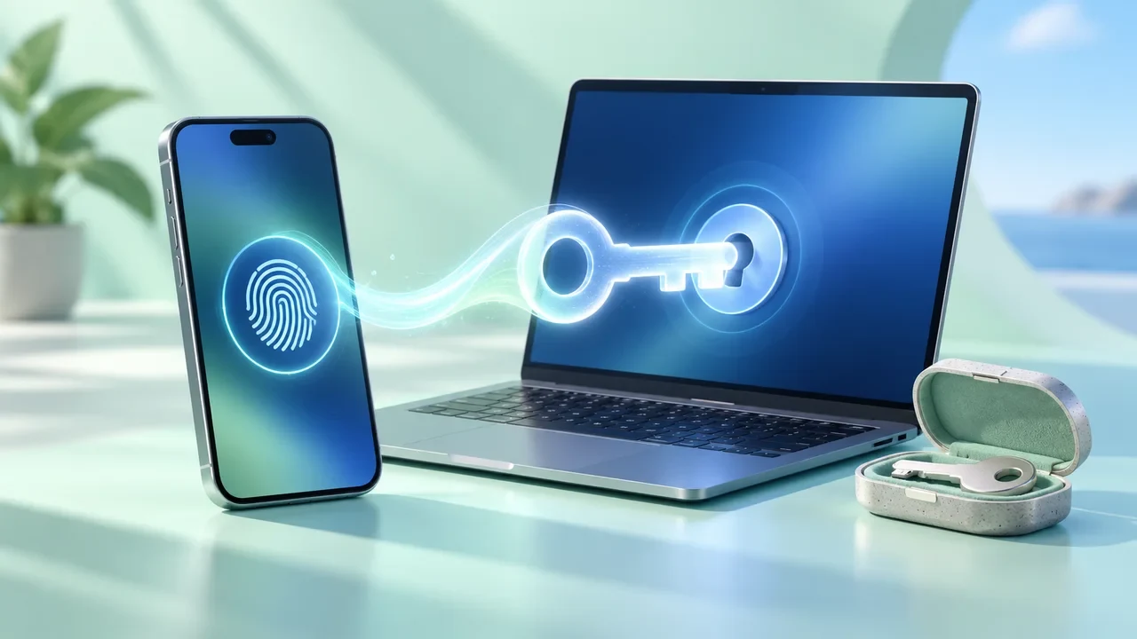 Illustration of a phone, laptop and recovery device connected by a glowing passkey symbol.