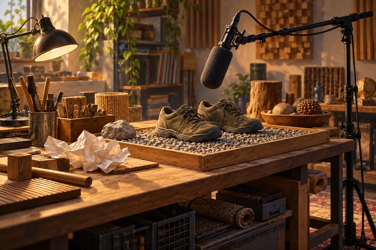 A studio microphone above shoes on a gravel tray, with paper and wooden props on a workbench.
