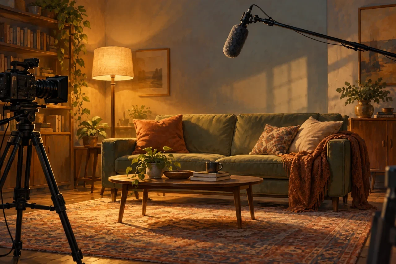 A camera on a tripod and an overhead microphone face an empty living-room film set.