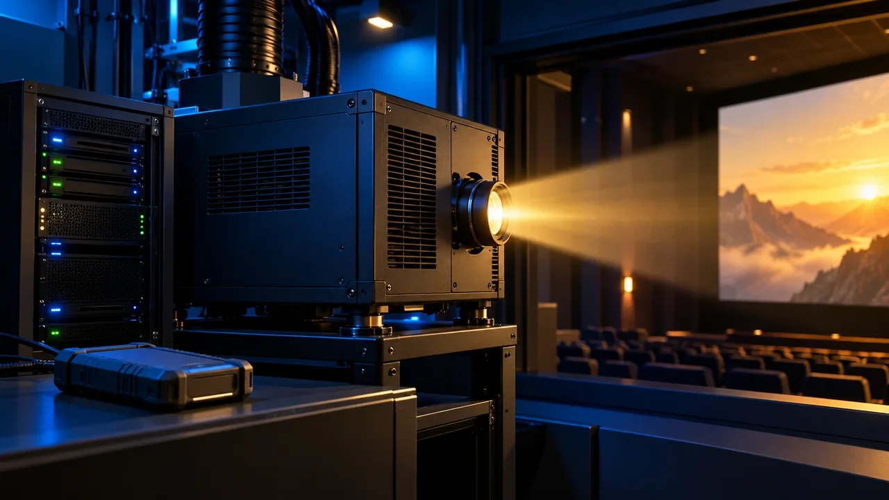 Illustrated digital cinema projector, server rack and portable storage drive.
