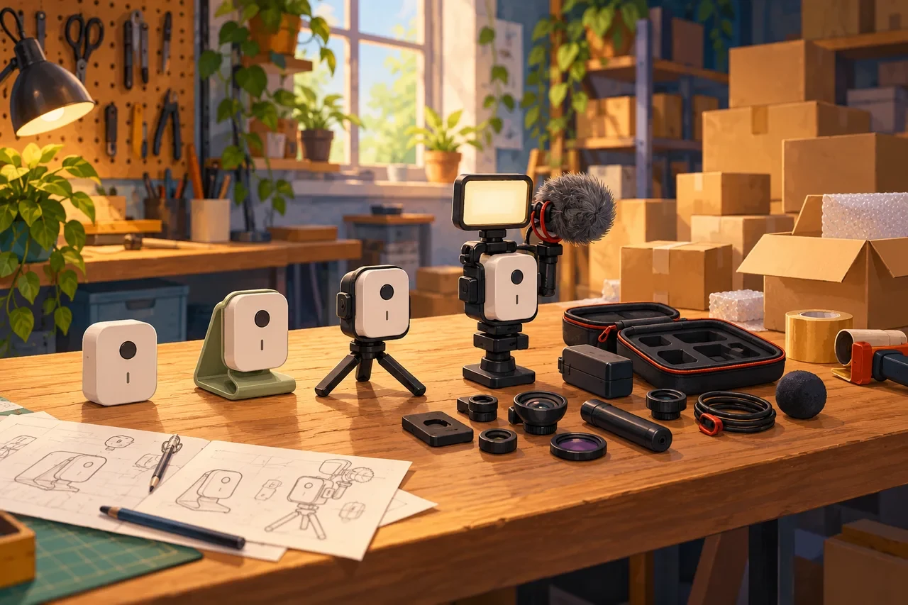 Small camera-like devices with different accessories sit beside design sketches and stacked cardboard boxes.