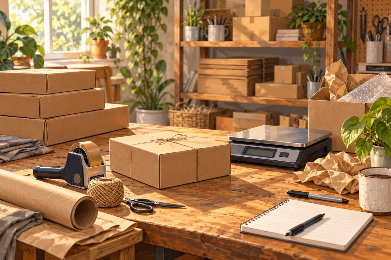 Cardboard parcels, a digital scale, packing paper and tape on a shipping workbench.
