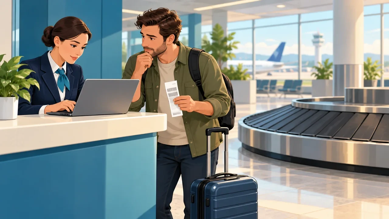 Illustration of a traveler showing a baggage receipt at an airport baggage service desk.