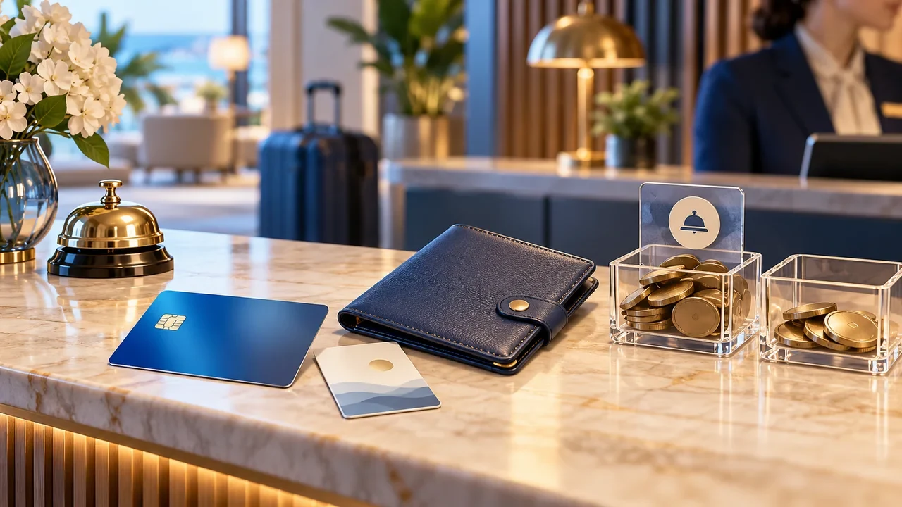 Illustration of hotel key cards, a payment card and reserved coin compartments.