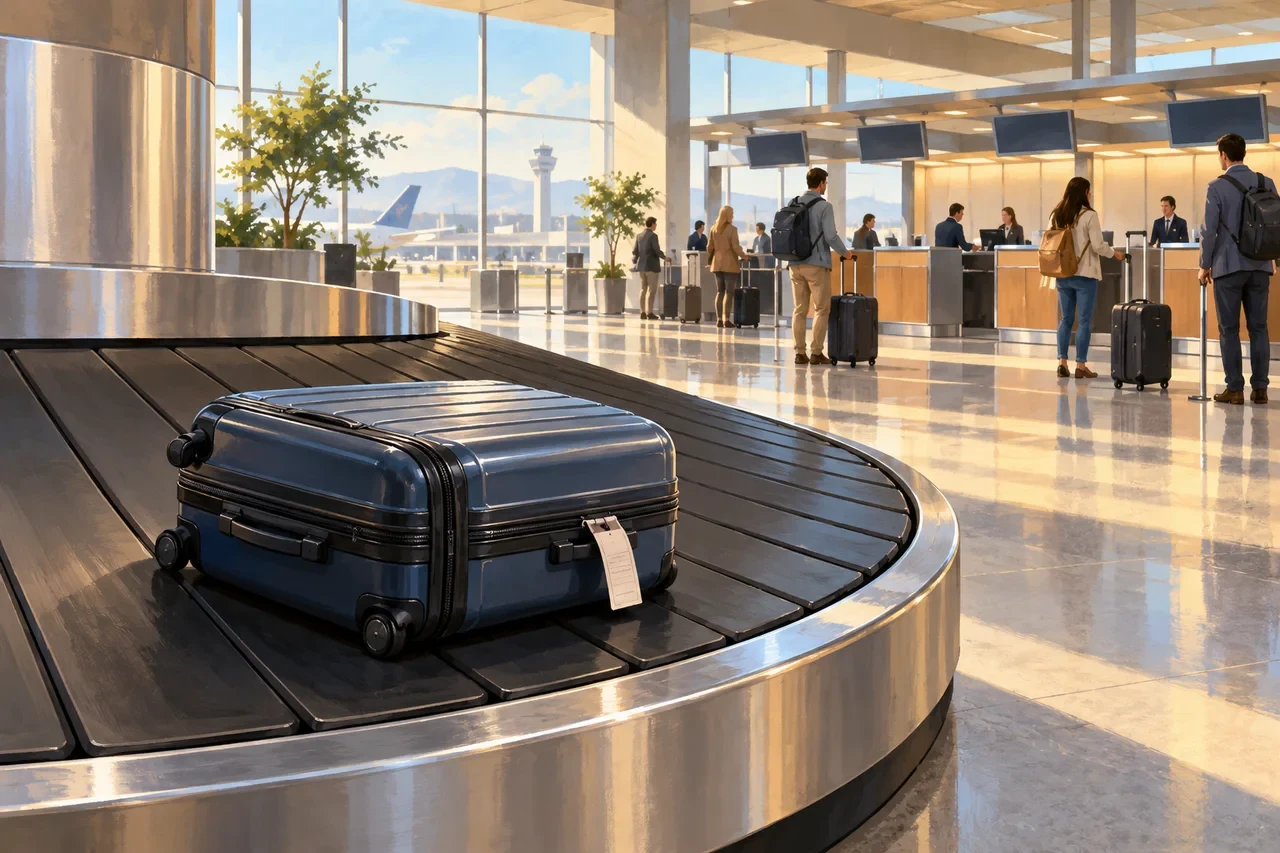 A suitcase rides an airport baggage carousel, with travelers and check-in desks in the background.