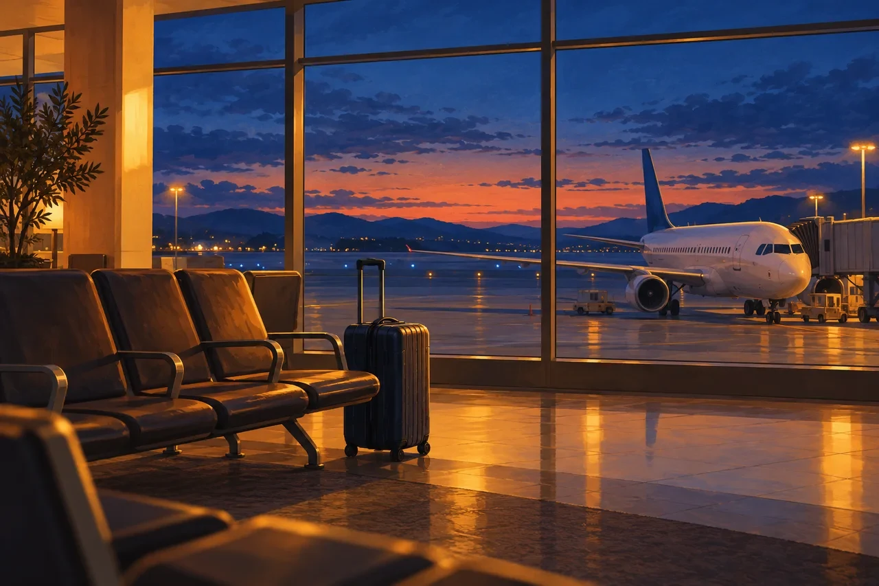 Empty airport seats and a suitcase face a window overlooking an aircraft at the gate at dusk.