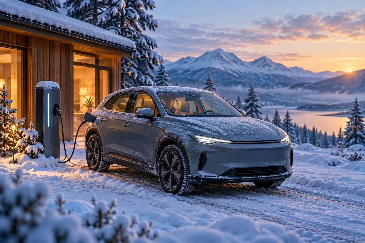 An electric car beside a charging station outside a snow-covered cabin, with mountains in the distance.