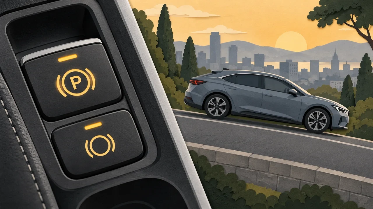 Illustration of separate parking brake and brake-hold controls beside a stationary car.