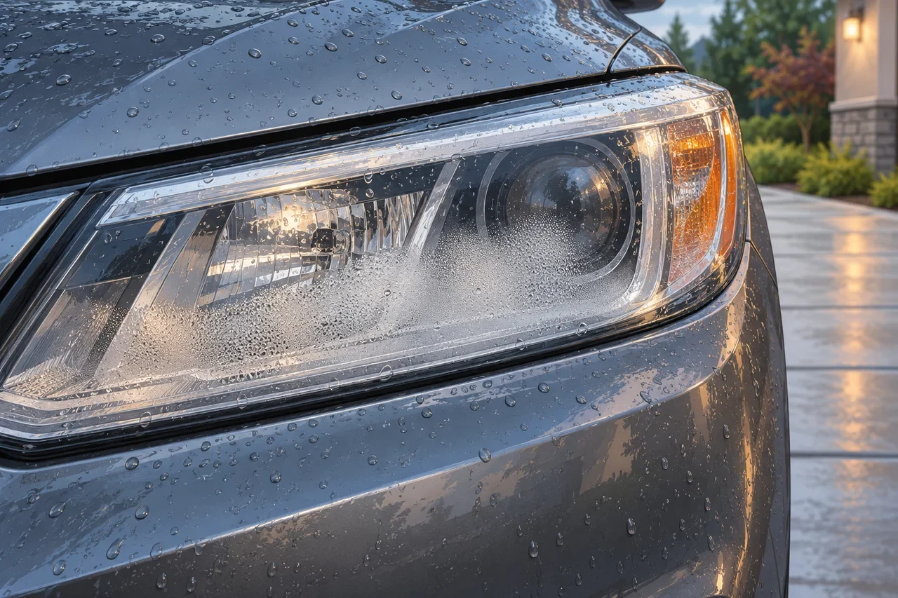 A misted car headlight with water droplets on the lens and surrounding bodywork.