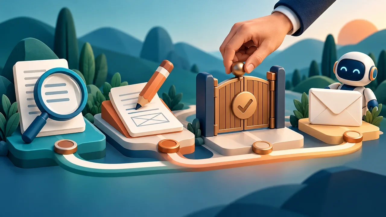 Illustration of research, drafting, an approval gate and a waiting message.