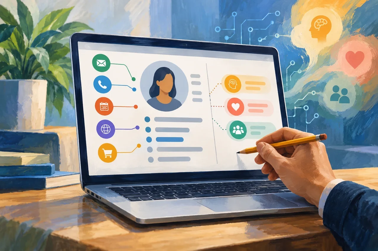 A hand points toward a customer-profile diagram on a laptop, with colored icons and connected fields.