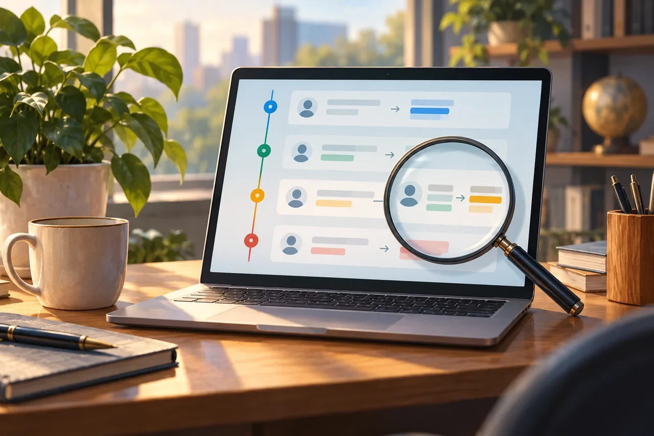 A magnifying glass highlights one entry in a laptop's timeline of customer-record changes.