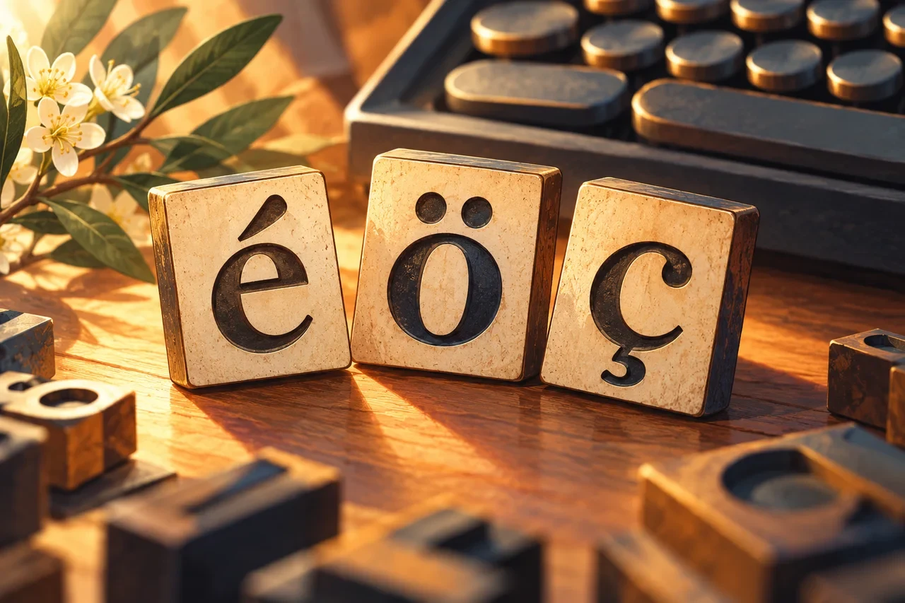 Three wooden printing blocks display the characters é, ö and ç beside a typewriter.