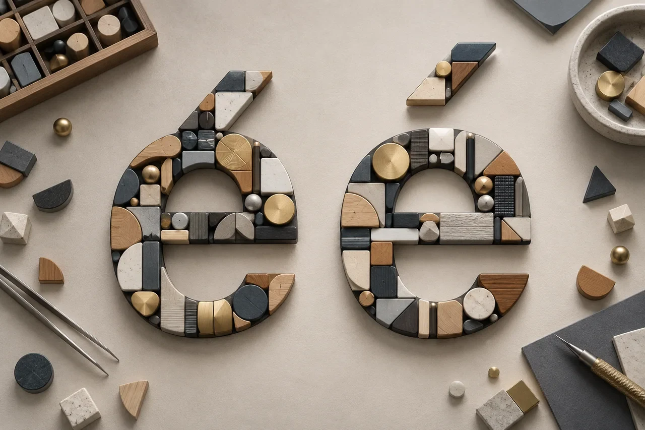 Two accented lowercase e shapes assembled from small blocks, with one accent joined and the other separate.