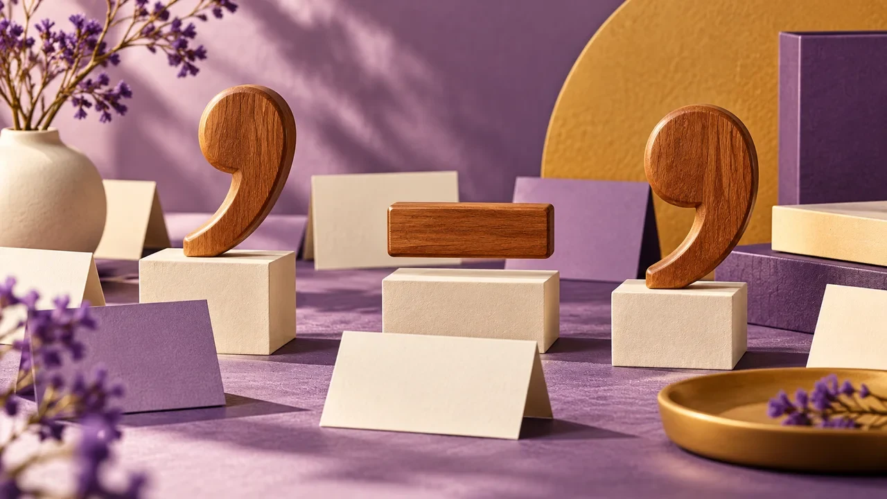 Wooden apostrophe and hyphen forms arranged with blank name cards.
