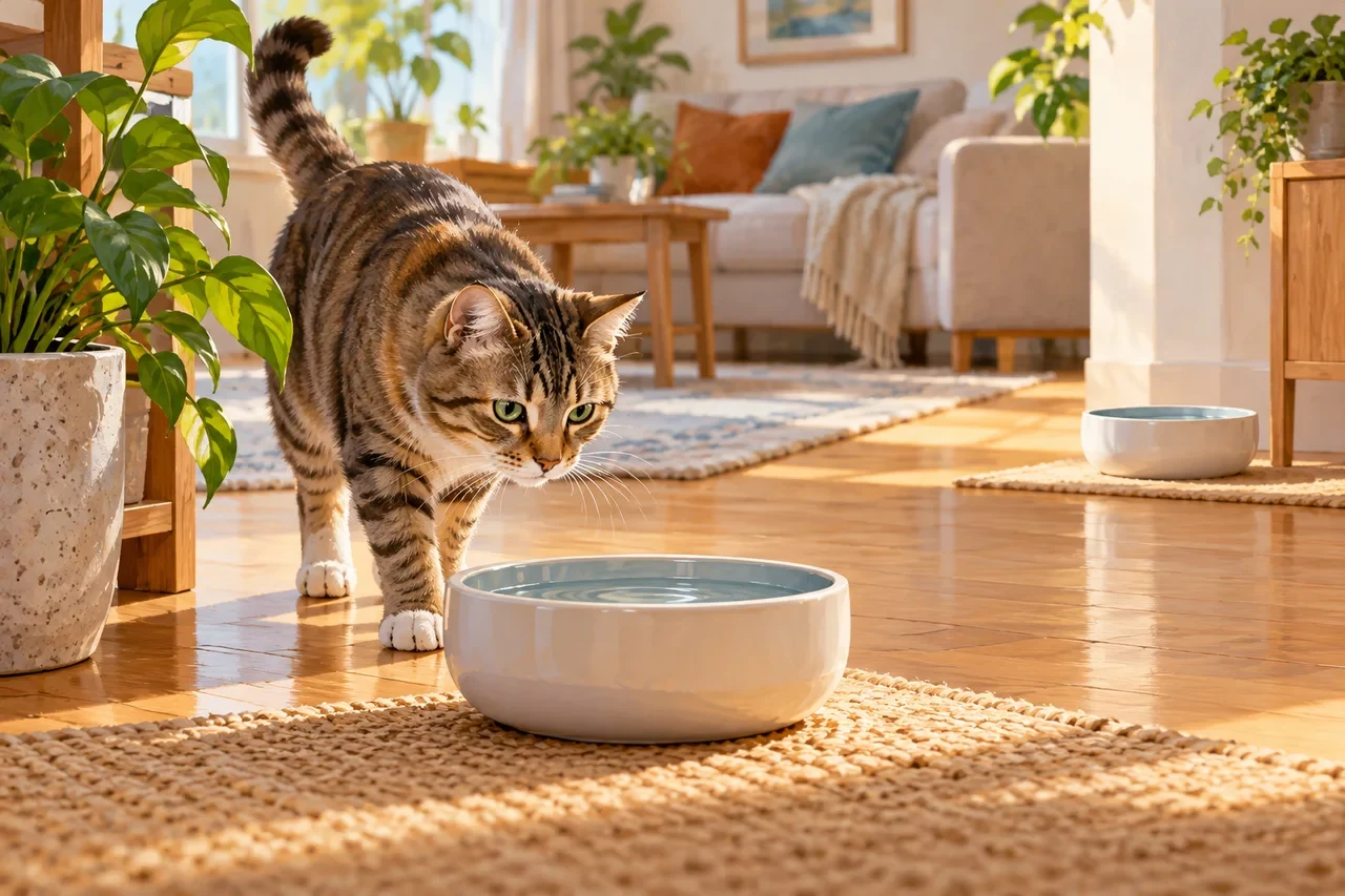A tabby cat approaches a wide water bowl, with a second bowl farther across the room.