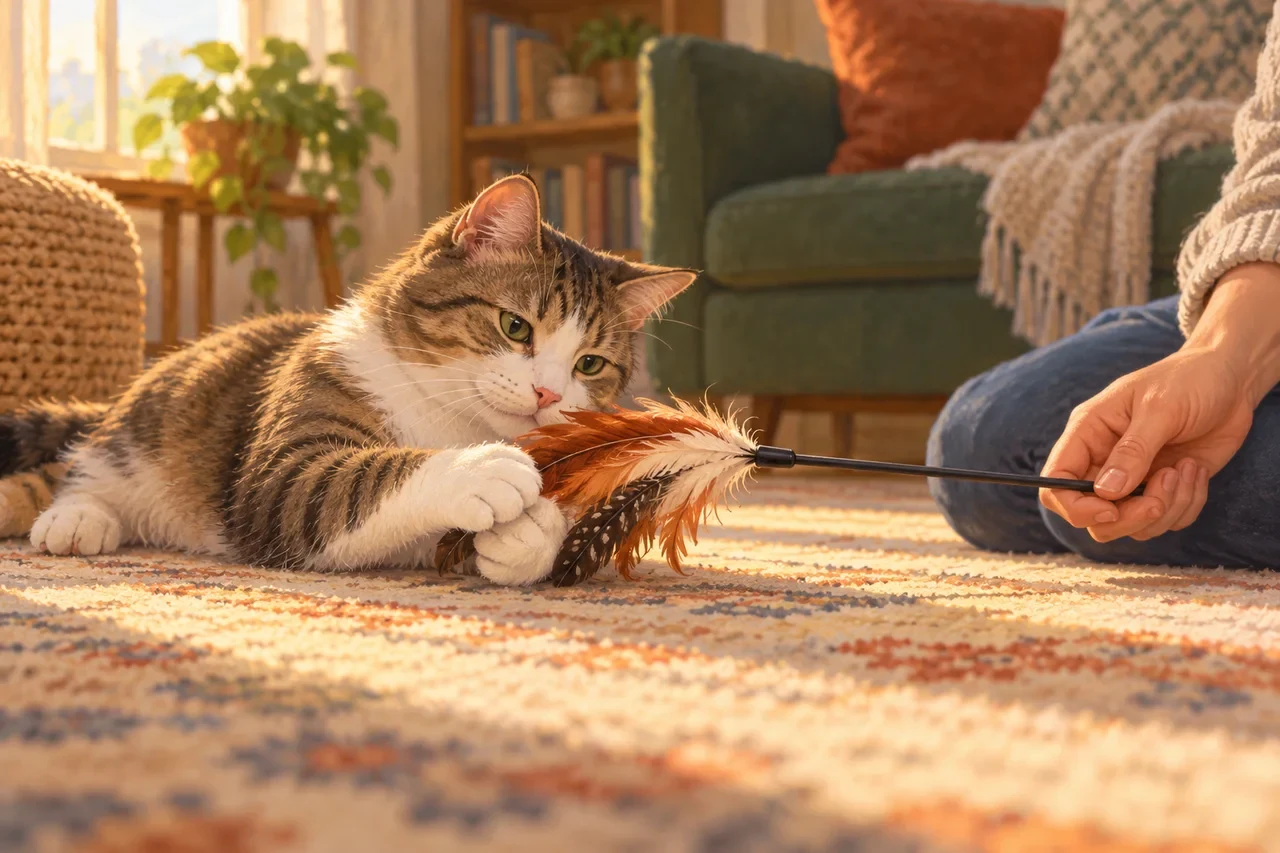 A cat holds a feather toy between its front paws while a person holds the toy's wand.