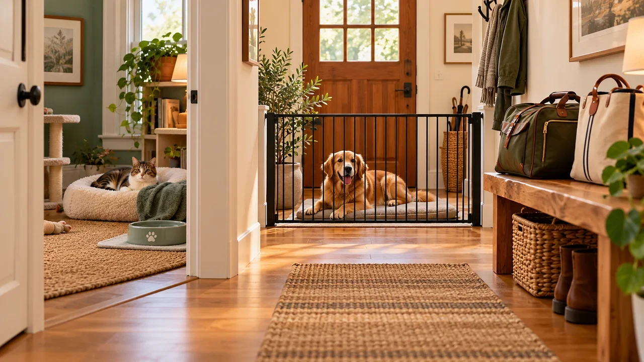 Illustrated home with a dog behind a secure gate and a cat in a quiet room.