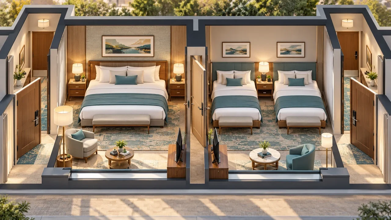 İç bağlantı kapısıyla birleşen iki otel odasının kesit illüstrasyonu.