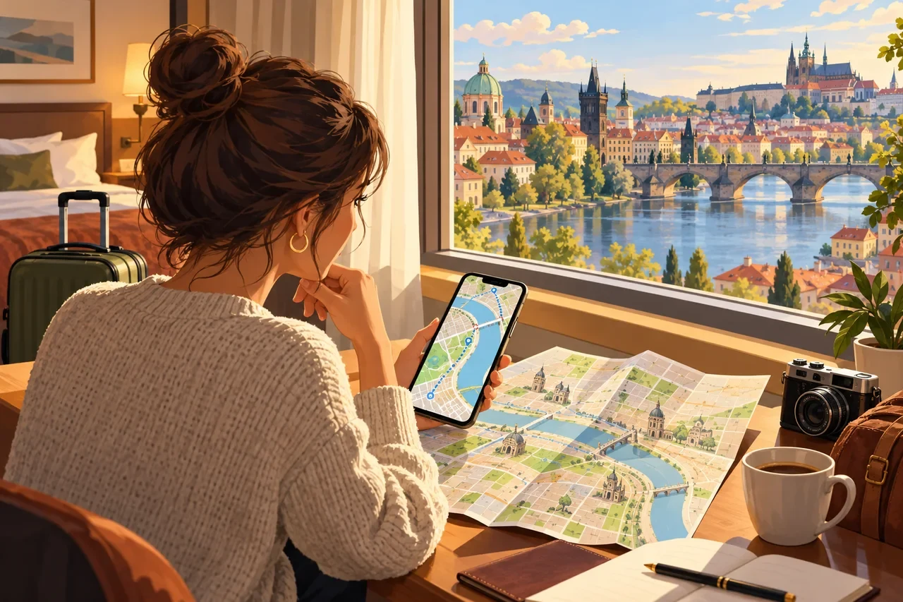 Şehir ve nehre bakan otel odasında, telefondaki haritayı kâğıt haritayla karşılaştıran bir gezgin.