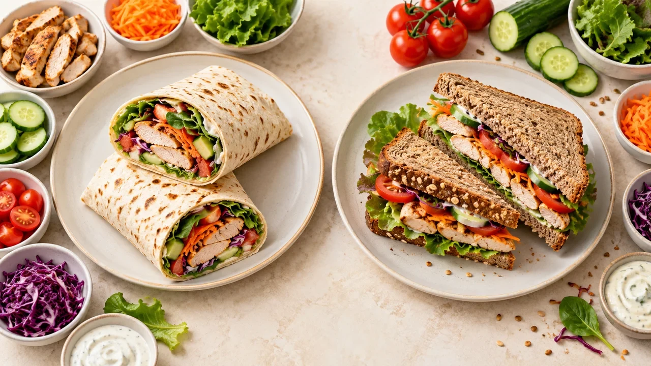 Illustration comparing a filled tortilla wrap and a wholegrain sandwich on two plates.
