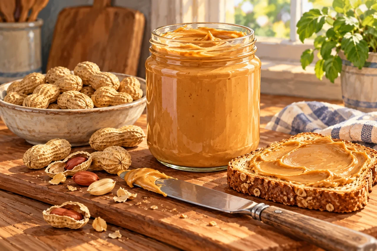A jar of peanut butter, a slice of bread with spread, and shelled and unshelled peanuts on a wooden board.