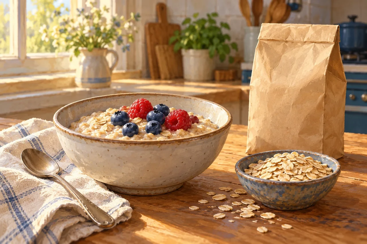 A bowl of oatmeal topped with berries, beside dry oat flakes and a plain paper bag.